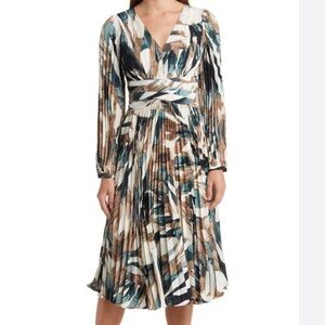 MILA MAE NWT Pleated Long Sleeve Satin Midi Dress - Green Taupe M